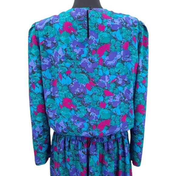 VTG 80s It's a Rich Miss Blue Pink Purple Floral Long Sleeve Blouson Dress L USA - Picture 7 of 12